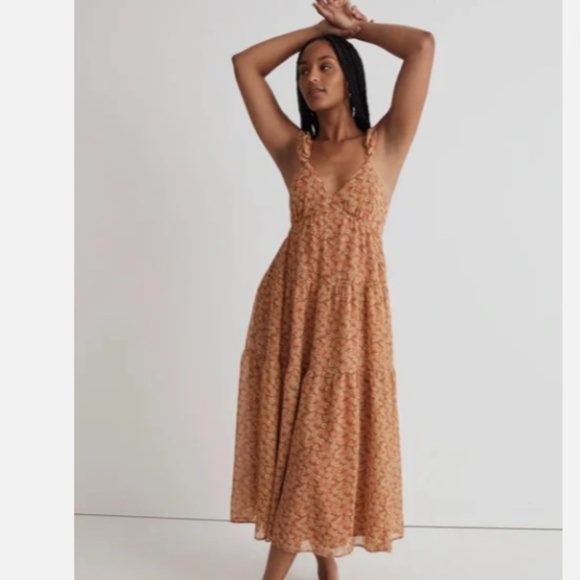 Madewell Orange Georgette Ruffle-Sleeve Tiered Midi Dress in Daisy Meadow Nwt 4 - Picture 2 of 7